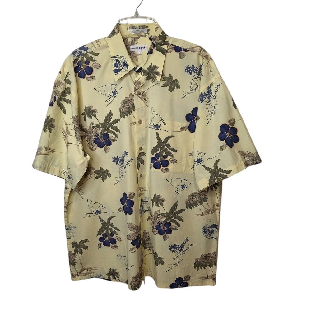 Pierre Cardin Tropical Shirt Mens L Short Sleeve Yellow‎ Floral Print Buttons